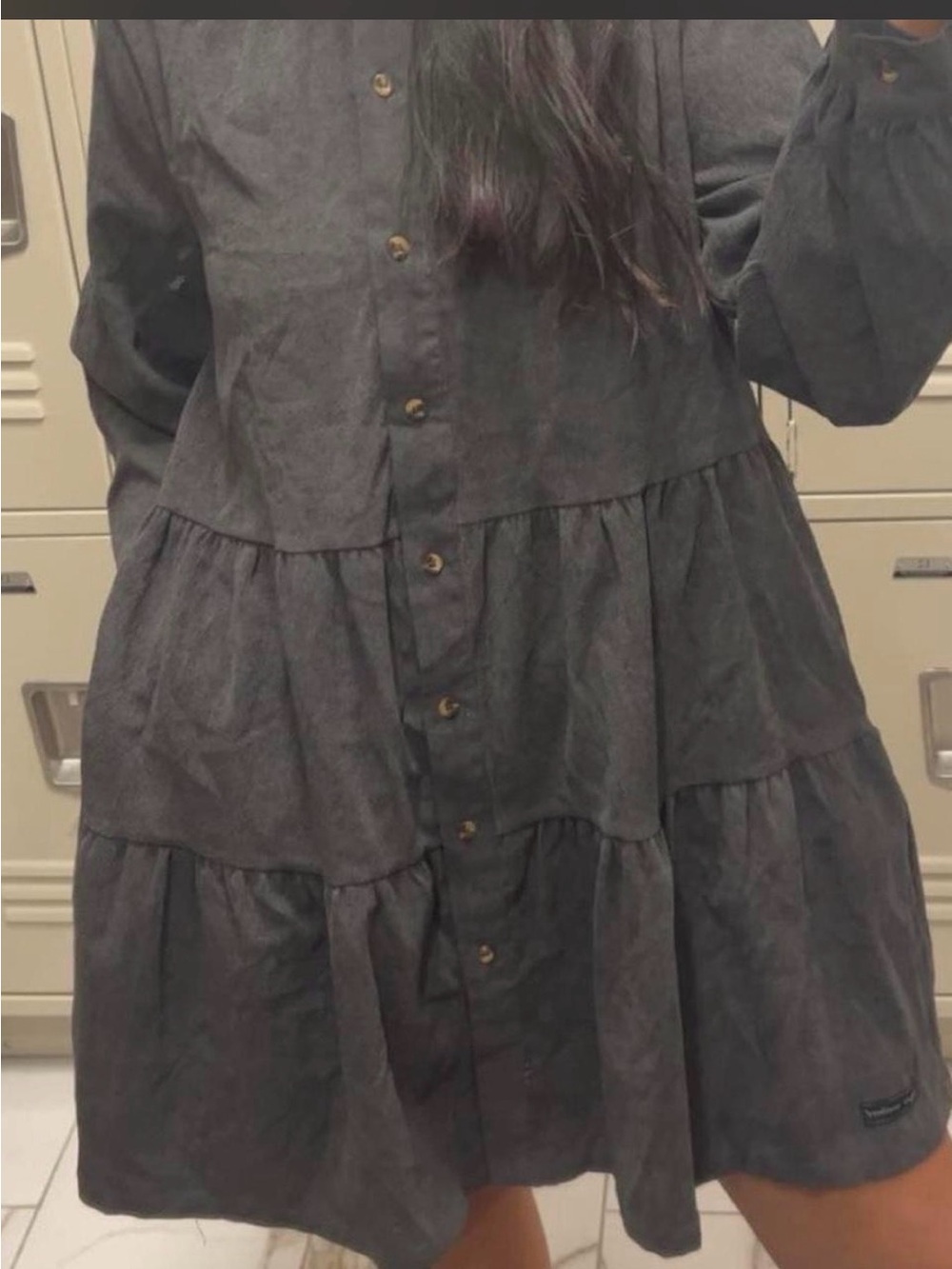 Source Unknown Black Tiered Long-Sleeve Button Dress